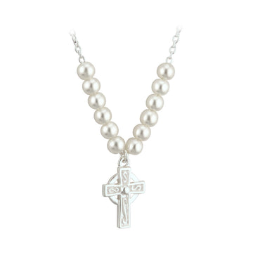 Rhodium Plated Pearl Cross Necklet