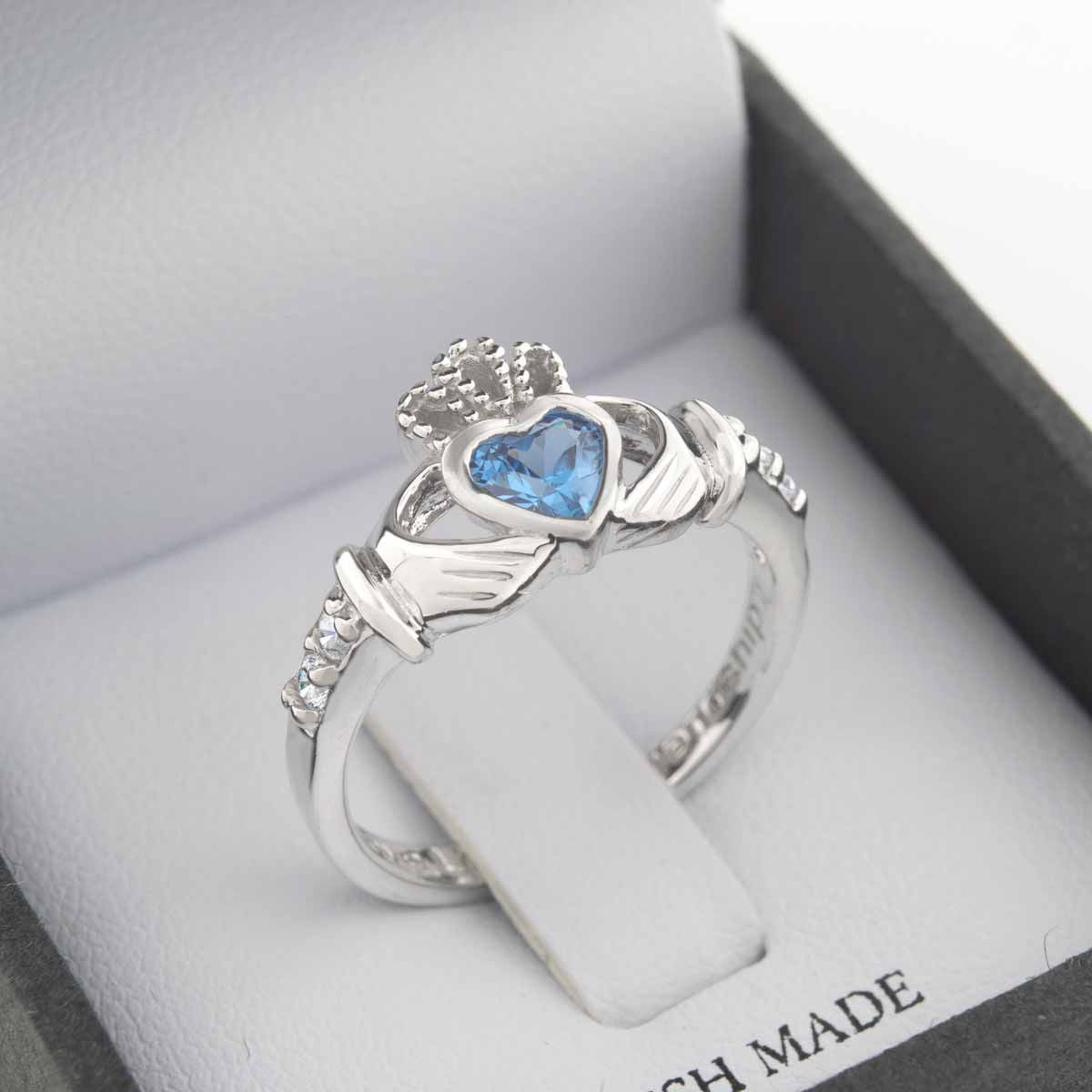 March Birthstone Aquamarine Crystal Claddagh Ring - Irish Claddagh Ring