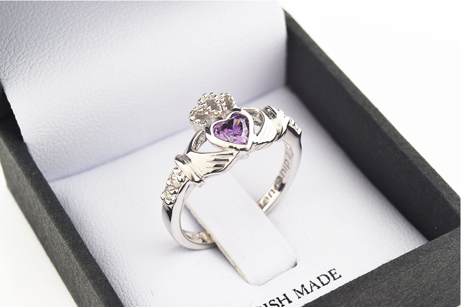 Shanore White Gold Claddagh Birthstone Ring - February