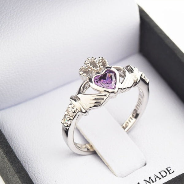 Shanore White Gold Claddagh Birthstone Ring - February