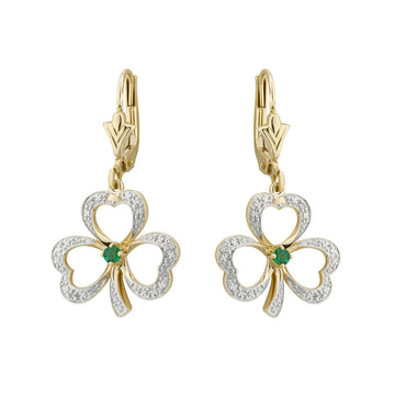 14k Gold Diamond & Emerald Shamrock Drop Earrings