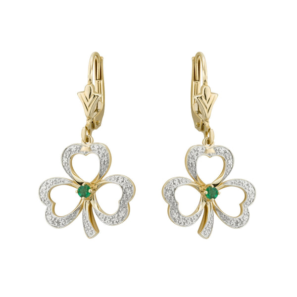 14k Gold Diamond & Emerald Shamrock Earrings