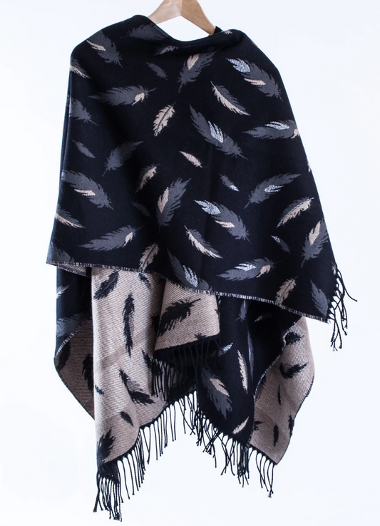 Jimmy Hourihan Fringed Shawl with Feather Motif