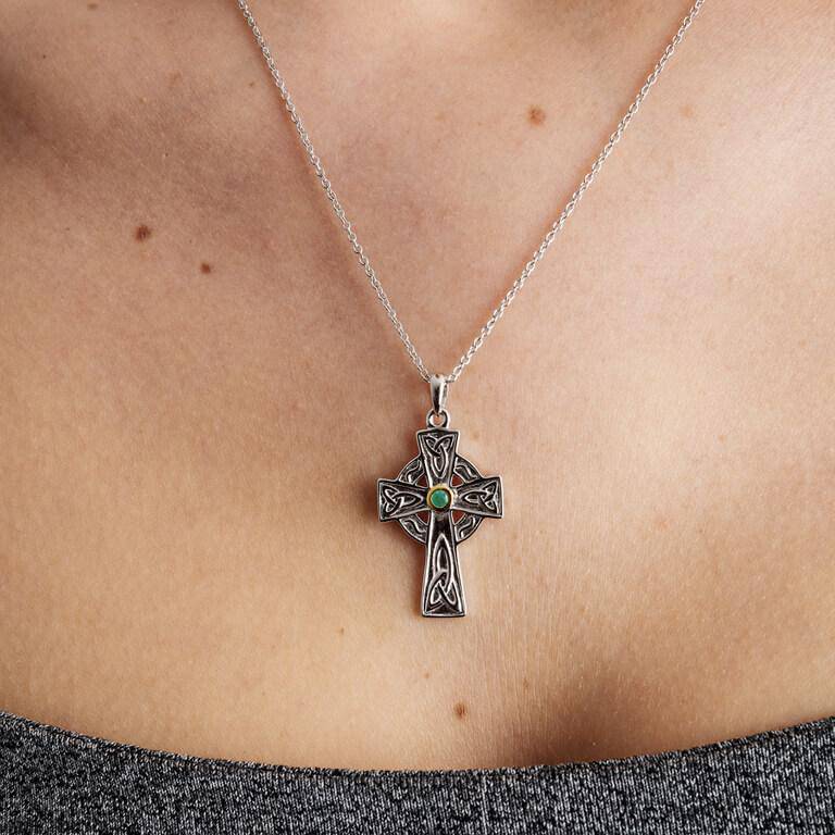 Shanore Silver Emerald Set Celtic Knot Design Cross