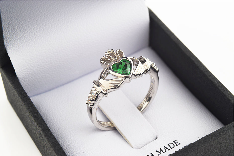 Shanore White Gold Claddagh Birthstone Ring - May