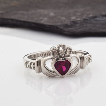 Shanore White Gold Claddagh Birthstone Ring - July