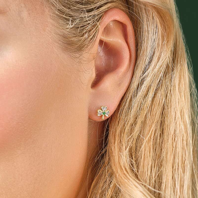 14k Gold Diamond & Emerald Shamrock Stud Earrings