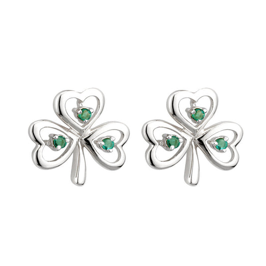 14k White Gold Emerald Shamrock Earrings