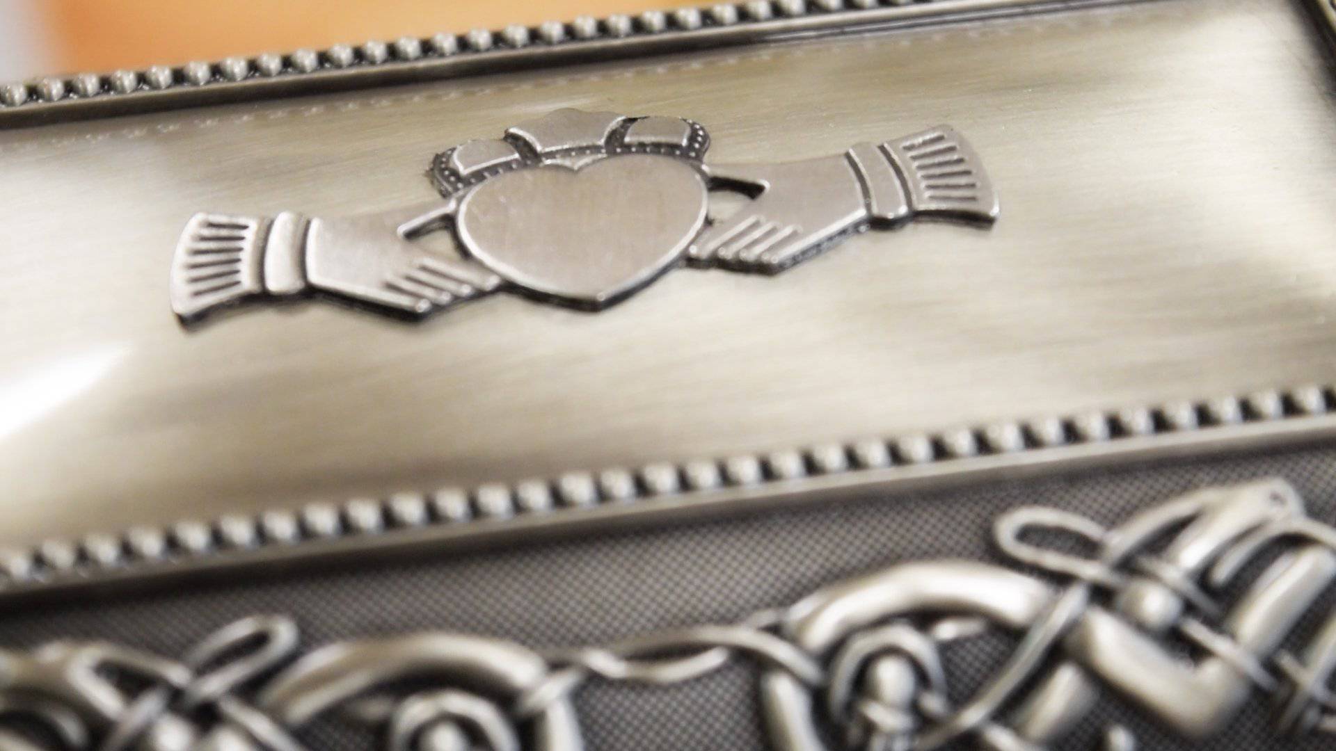 Mullingar Pewter Jewelry Box with Celtic & Claddagh Design