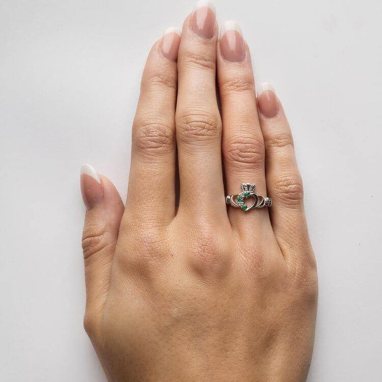 Claddagh Ring Sterling Silver with Emerald Gemstones