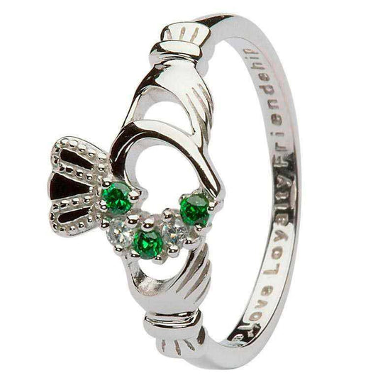 Claddagh Ring Sterling Silver with Emerald Gemstones