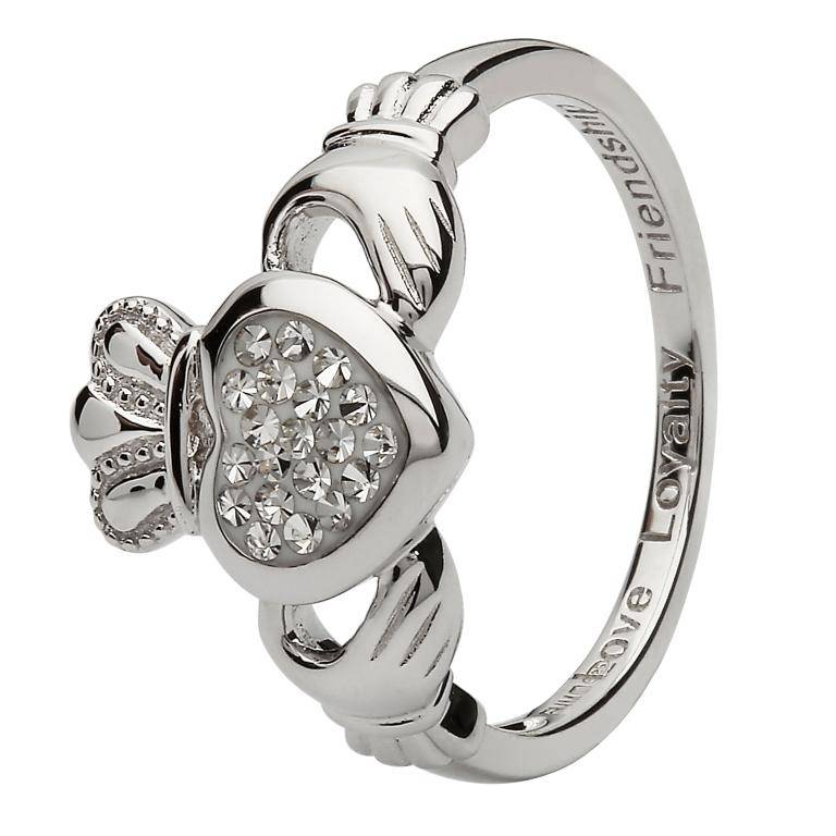 Sterling Silver Claddagh Ring Encrusted with White Swarovski Crystals