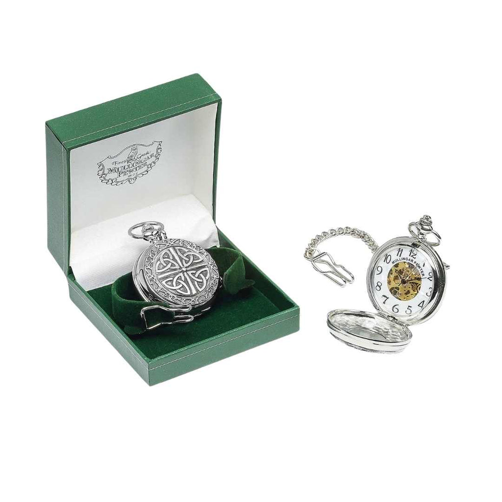Mullingar Pewter Mechanical Pocket Watch with Trinity Knot Design