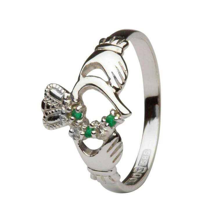 Emerald And Diamond White Gold Claddagh Ring