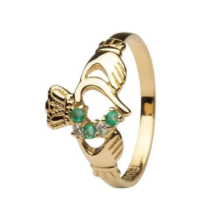 Emerald And Diamond Set Gold Claddagh Ring
