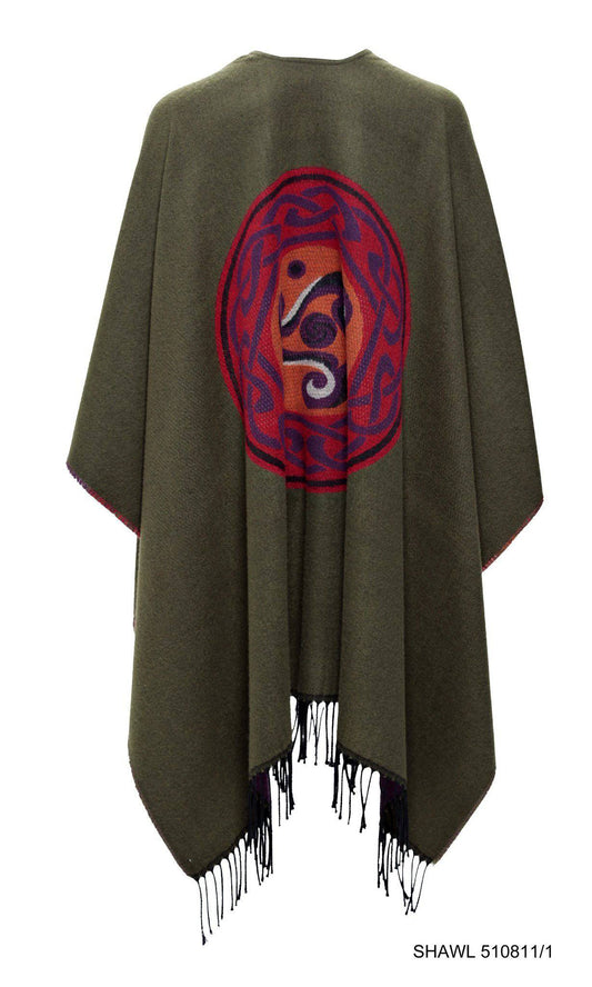 Jimmy Hourihan Fringed Shawl in Moss Green with Celtic Motif