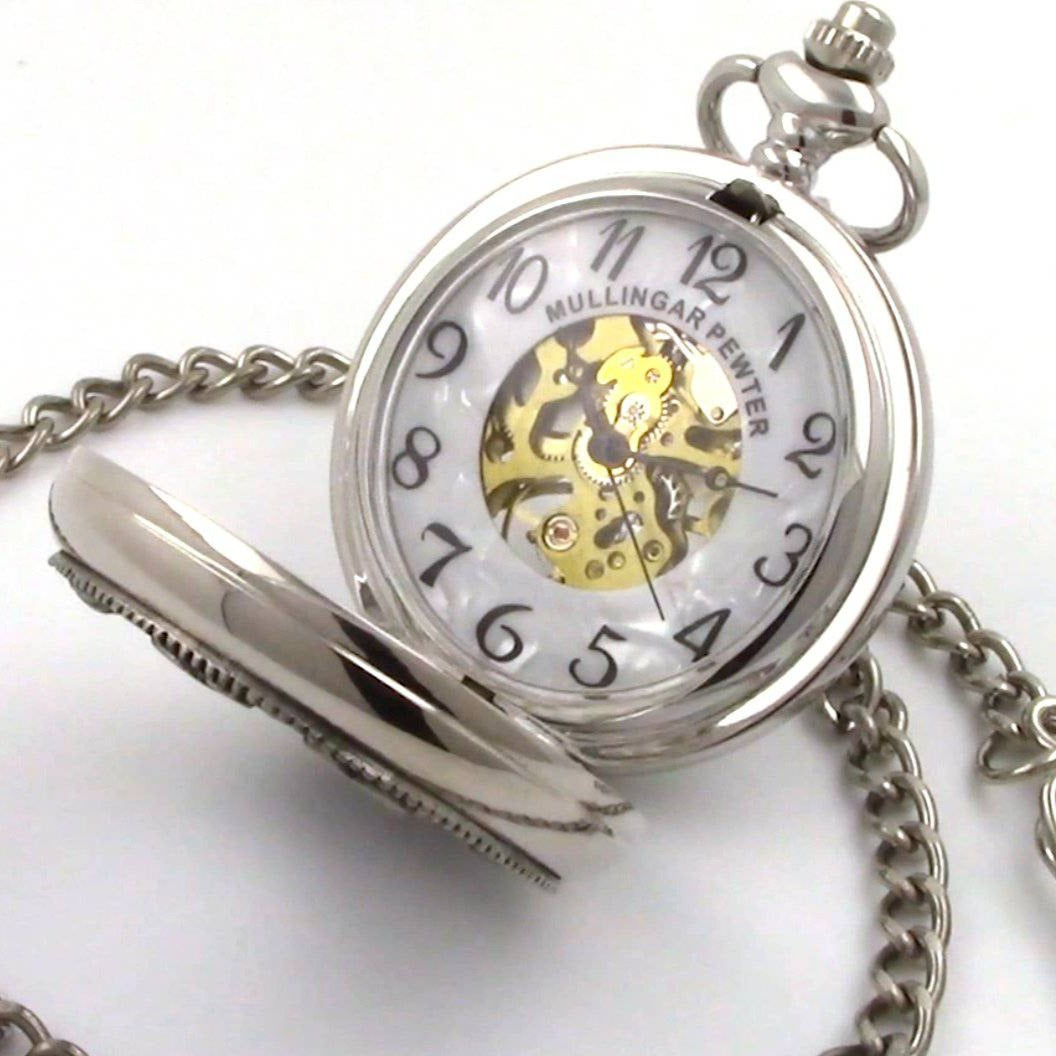 Mullingar Pewter Mechanical Pocket Watch with Trinity Knot Design