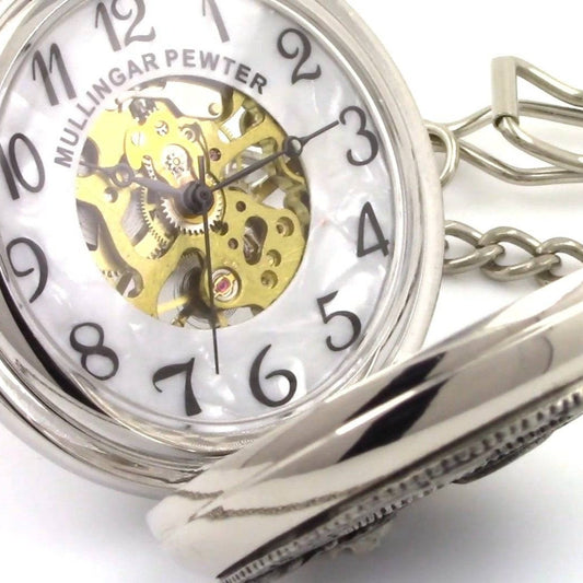 Mullingar Pewter Mechanical Pocket Watch with Pewter Claddagh Design