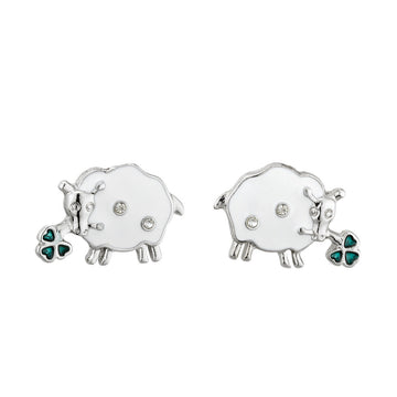 Rhodium Sheep Stud Earrings with Enamel and Crystals