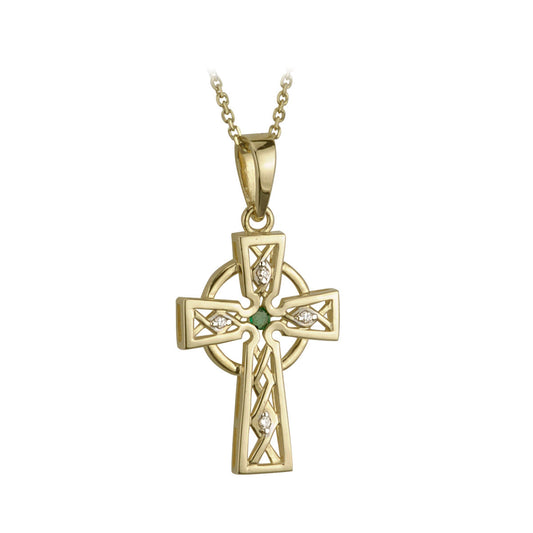 14k Yellow Gold Diamond and Emerald Celtic Cross
