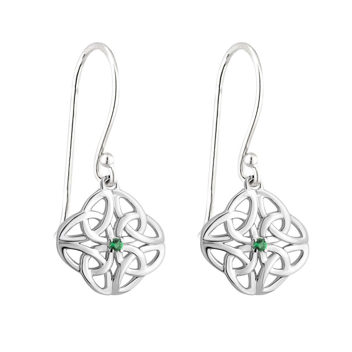 Sterling Silver Celtic Knotwork Drop Earrings with Emerald