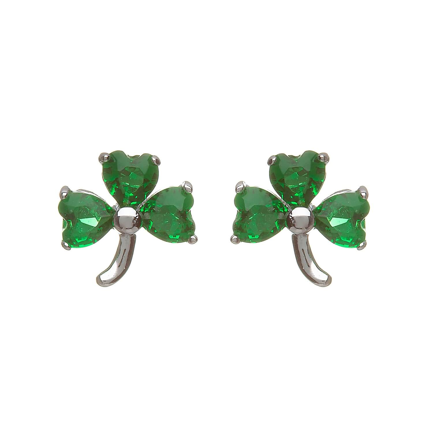 Sterling Silver Shamrock Stud Earrings with Green CZ stones
