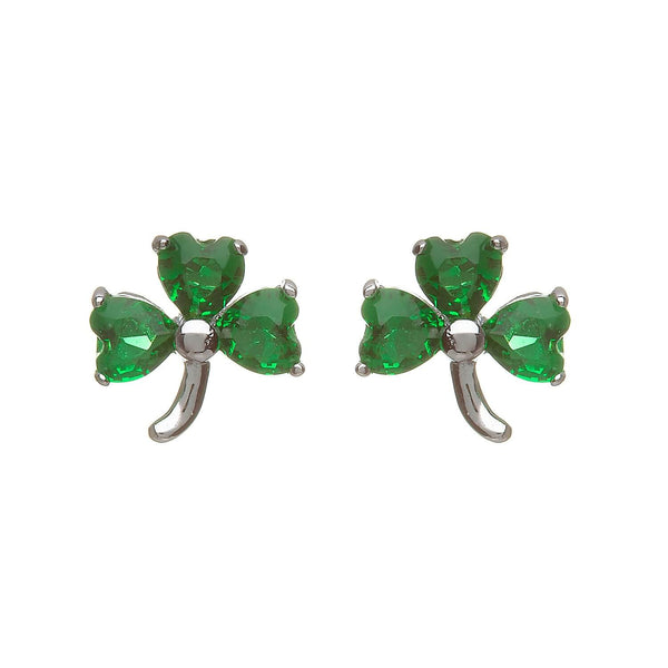 Sterling Silver Shamrock Stud Earrings with Green CZ stones