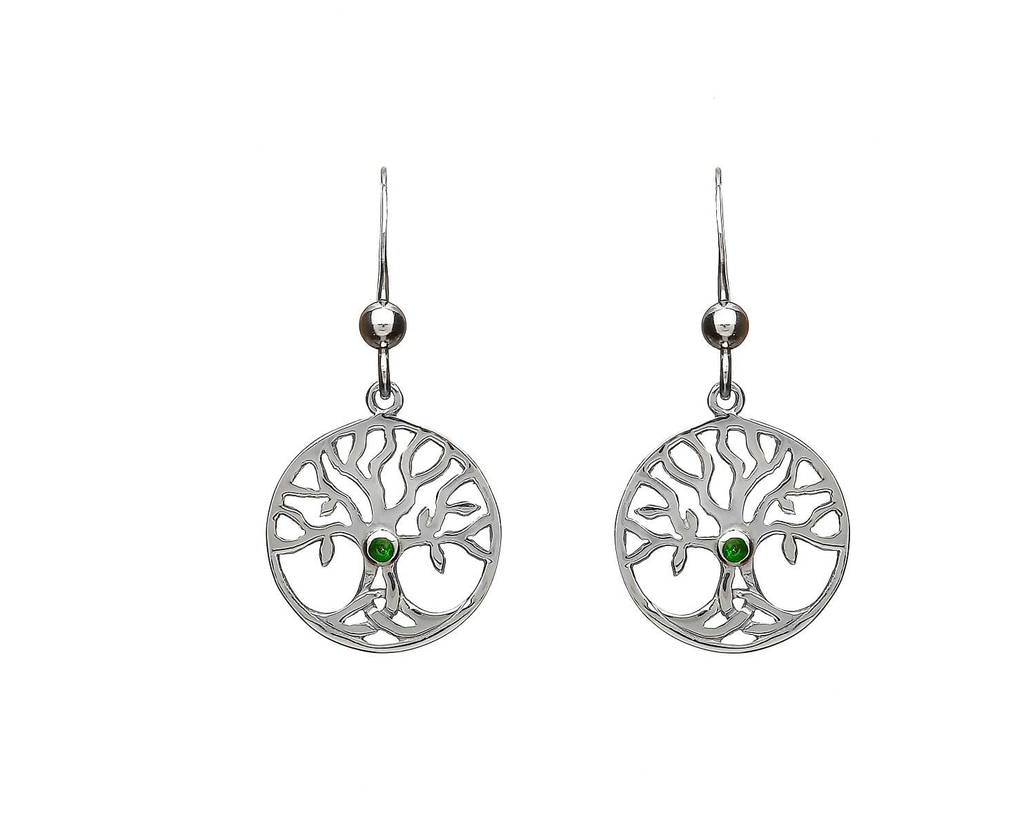Sterling Silver Tree of Life Earrings with Green Agate