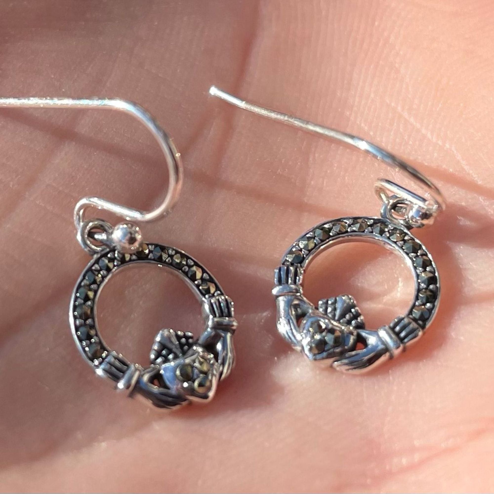 Sterling Silver Marcasite Claddagh Earrings
