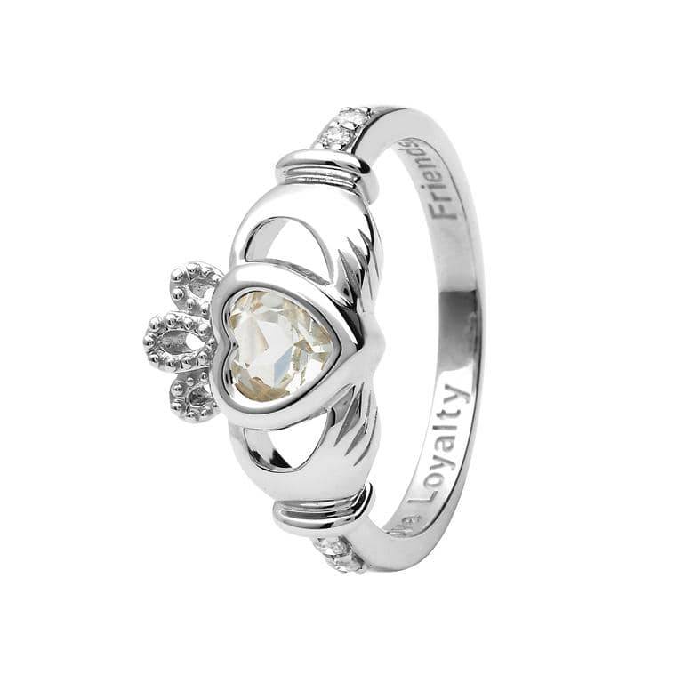 Shanore White Gold Claddagh Birthstone Ring - April