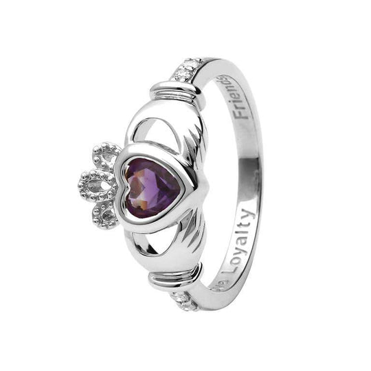 Shanore White Gold Claddagh Birthstone Ring - February