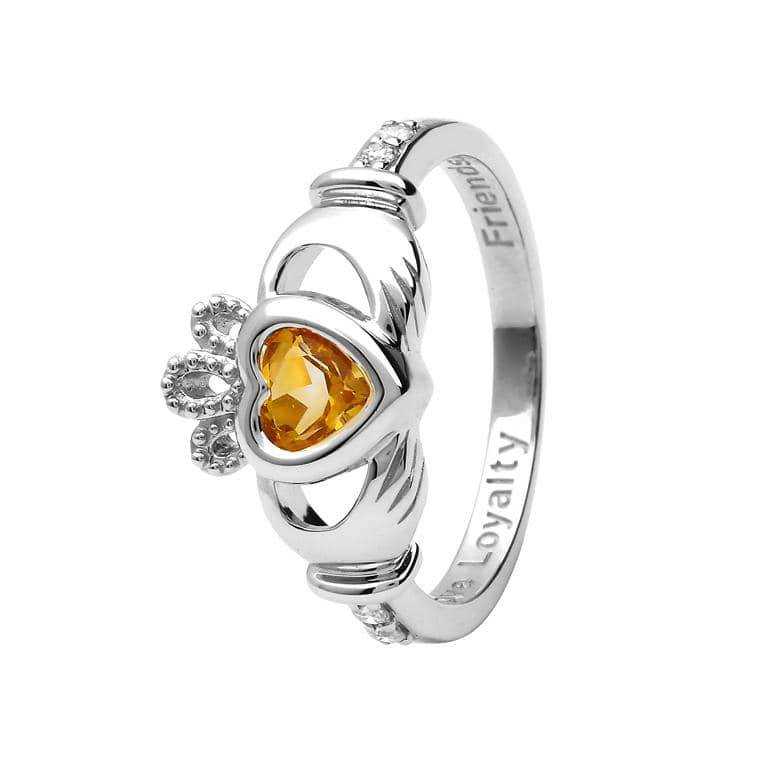 Shanore White Gold Claddagh Birthstone Ring - November