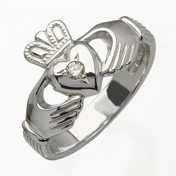 White Gold Claddagh Ring with Diamond - "Ross" - 14K Gold