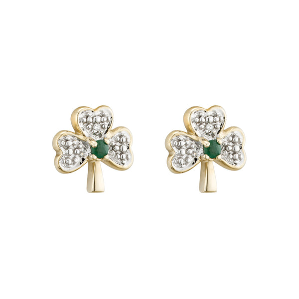 14k Gold Diamond & Emerald Shamrock Earrings