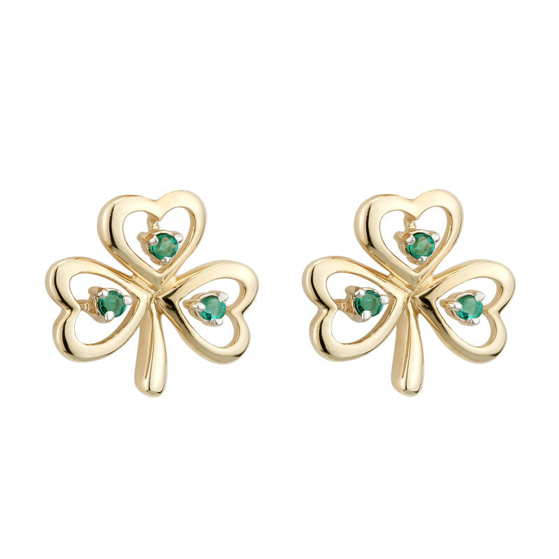9k Emerald Shamrock Stud Earrings