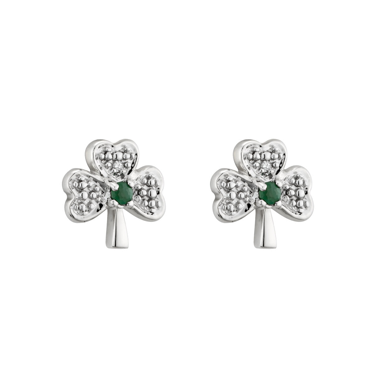 14k White Gold Diamond & Emerald Shamrock Stud Earrings