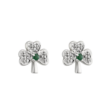 14k White Gold Diamond & Emerald Shamrock Stud Earrings