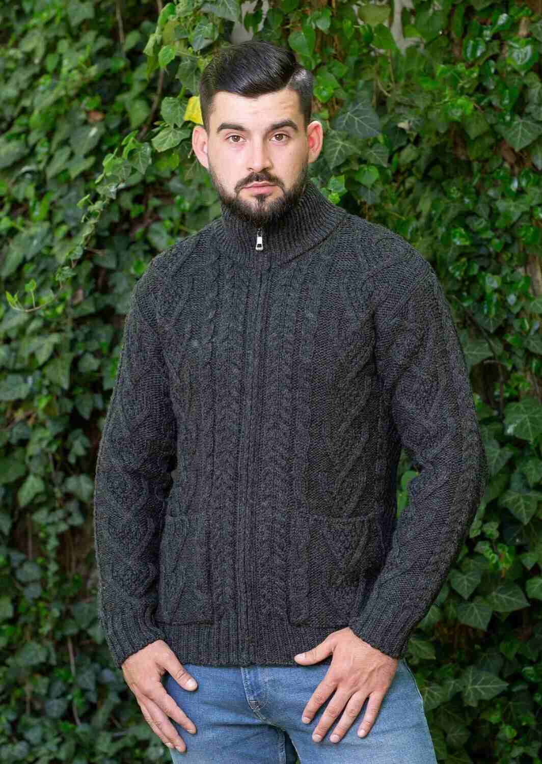 Men's Charcoal Aran Zipper Cardigan