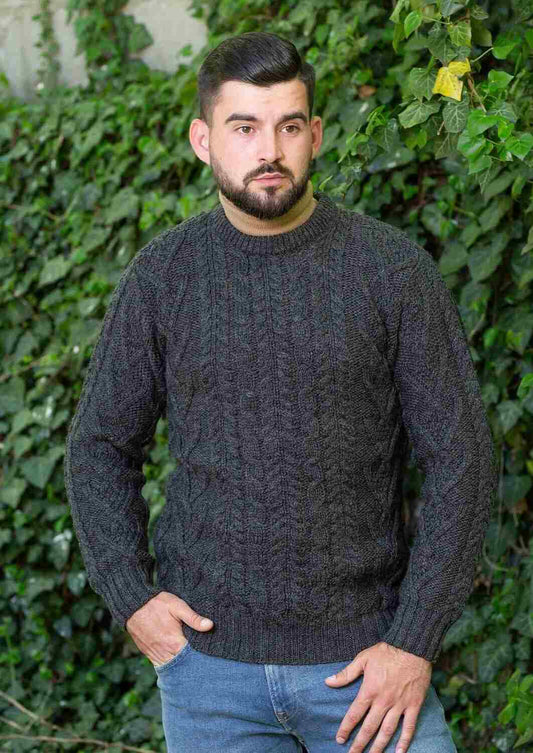Men's Traditional Aran Crew Neck Charcoal Sweater