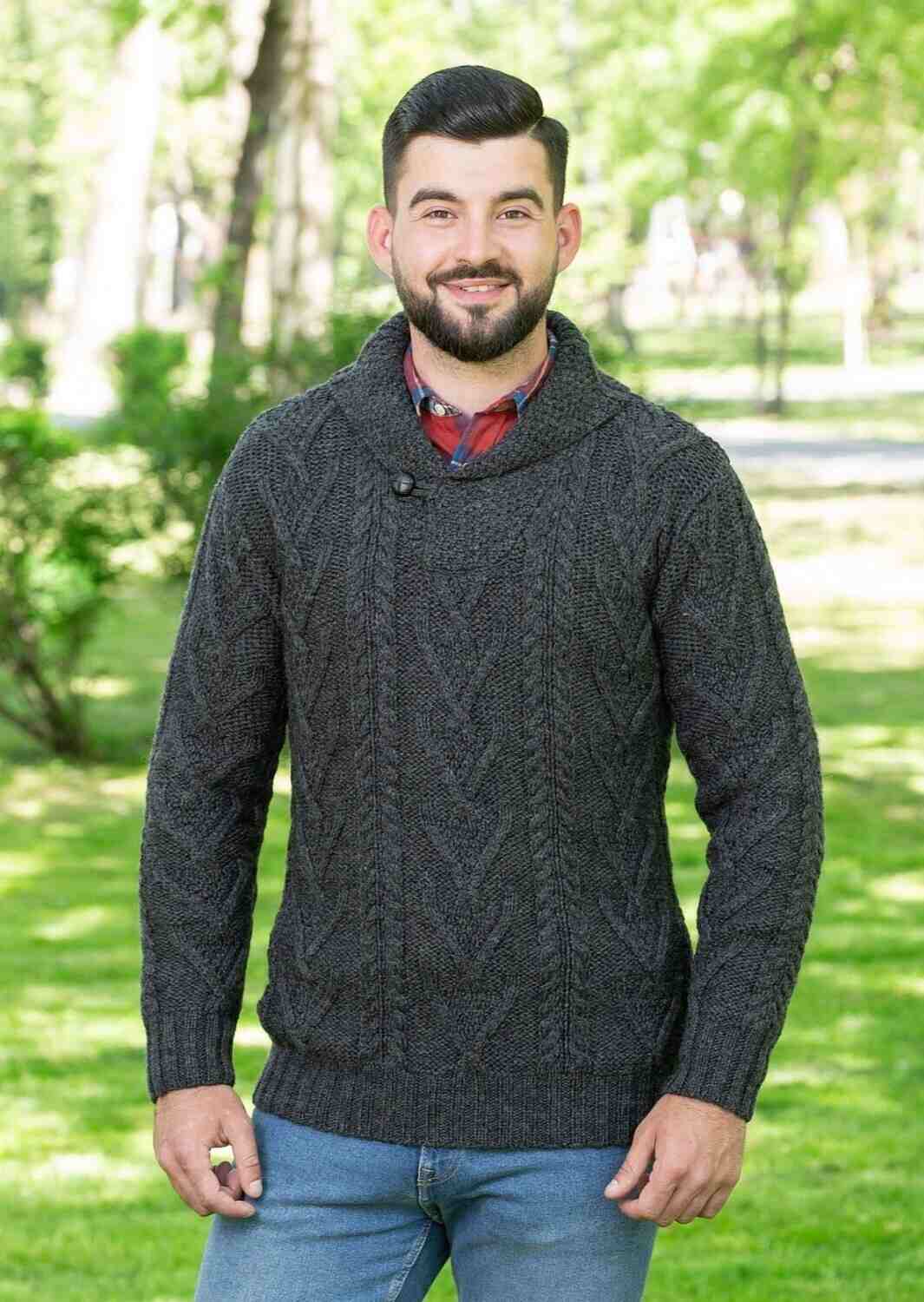Men's Charcoal Shawl Collar Button Aran Sweater