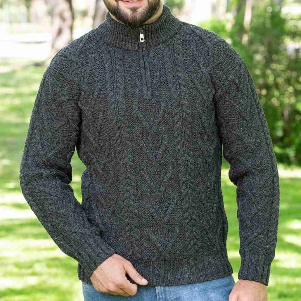 Men's Charcoal Zip Neck Fisherman Aran Sweater