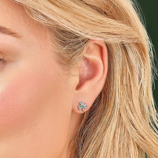 14k White Gold Diamond & Emerald Shamrock Stud Earrings