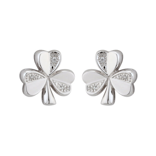 14k White Gold Diamond Shamrock Earrings
