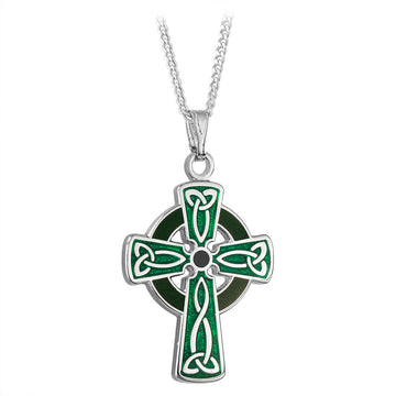 Rhodium Green Enamel Celtic Cross Pendant