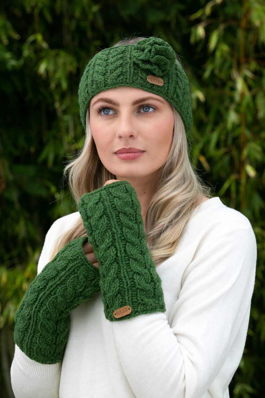 Green Aran Wool Mittens