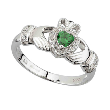 Green Cubic Zirconia Silver Claddagh Ring