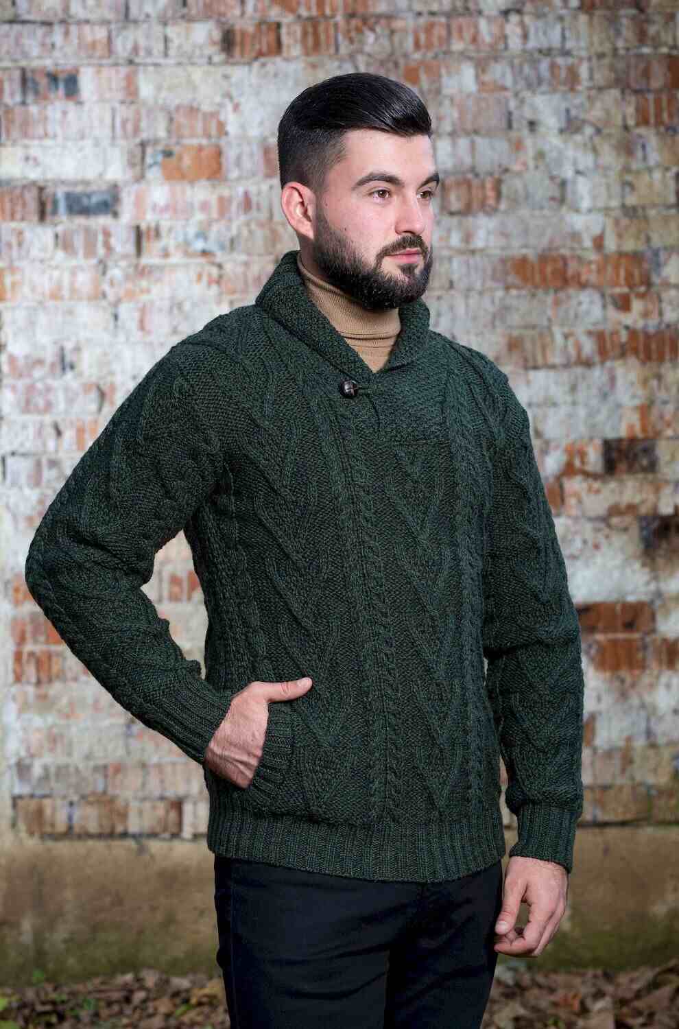 Men's Green Shawl Collar Button Aran Sweater