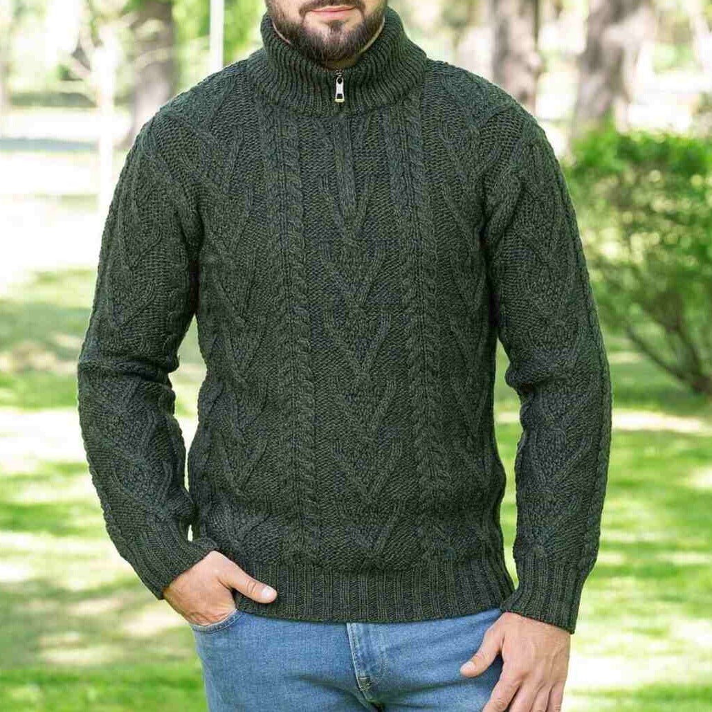 Mens Green Zip Neck Fisherman Aran Sweater