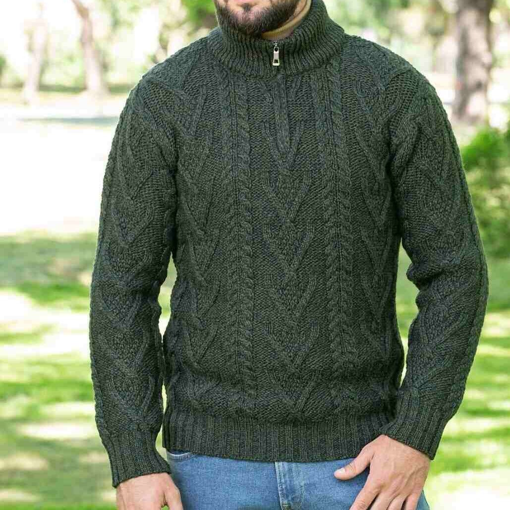 Mens Green Zip Neck Fisherman Aran Sweater