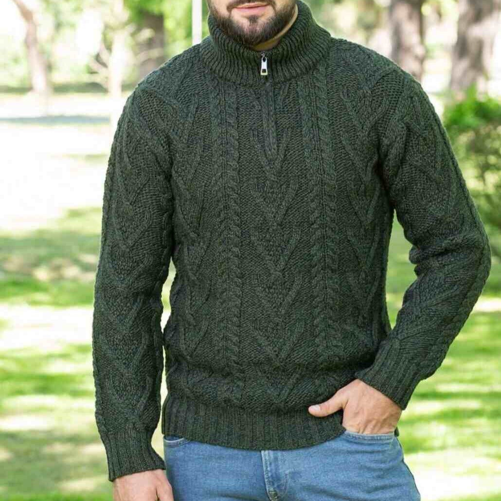 SAOL 100% Merino Wool Cable Knit Zip Cardigan Sweater with Pockets Men's  Winter Warm Irish Fisherman Pullover 